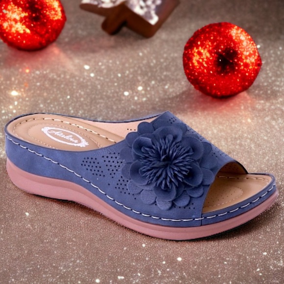 Italina Navy Blue Woven Pom Floral Rosette Padded Slide In Mule Sandal 10 - Picture 2 of 5